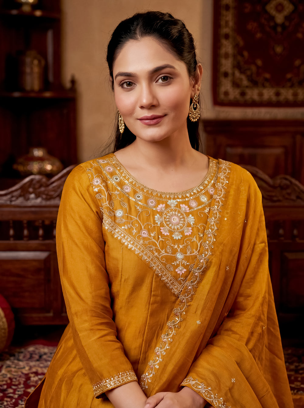 Mustard Gold Hand-Embroidered Chanderi Silk A-Line Kurta Set with Scallop-Border Dupatta