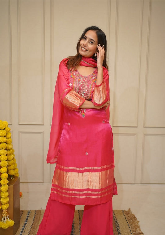 Rani Pink Silk Embroidered Kurta Set with Wide-Leg Palazzos & Dupatta