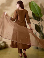 Chestnut Brown Hand-Embroidered Silk Suit Set – A-Line Kurta, Trousers & Sheer Organza Dupatta