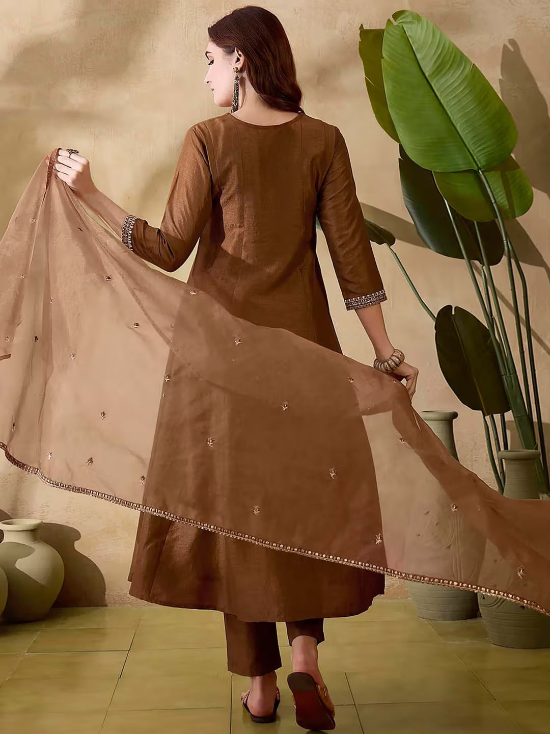 Chestnut Brown Hand-Embroidered Silk Suit Set – A-Line Kurta, Trousers & Sheer Organza Dupatta