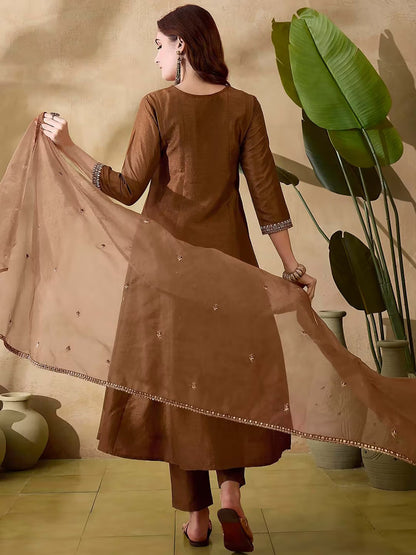 Chestnut Brown Hand-Embroidered Silk Suit Set – A-Line Kurta, Trousers & Sheer Organza Dupatta