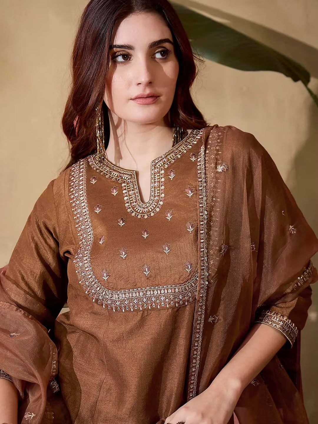 Chestnut Brown Hand-Embroidered Silk Suit Set – A-Line Kurta, Trousers & Sheer Organza Dupatta