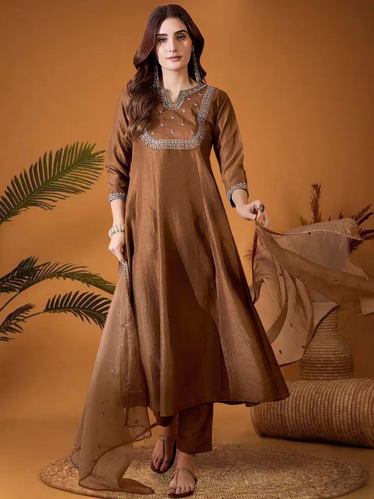 Chestnut Brown Hand-Embroidered Silk Suit Set – A-Line Kurta, Trousers & Sheer Organza Dupatta