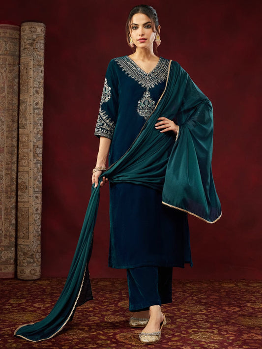 Royal Teal Heavy Velvet Zari & Thread Embroidered 3-Piece Suit Set with Elegant Dupatta