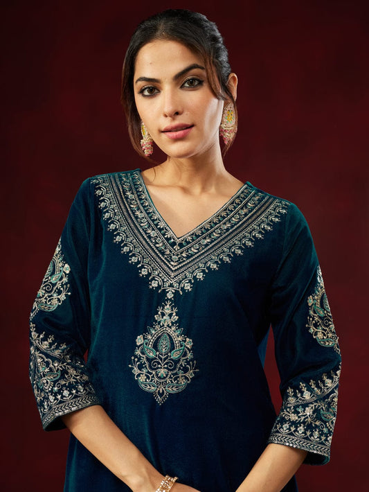 Royal Teal Heavy Velvet Zari & Thread Embroidered 3-Piece Suit Set with Elegant Dupatta