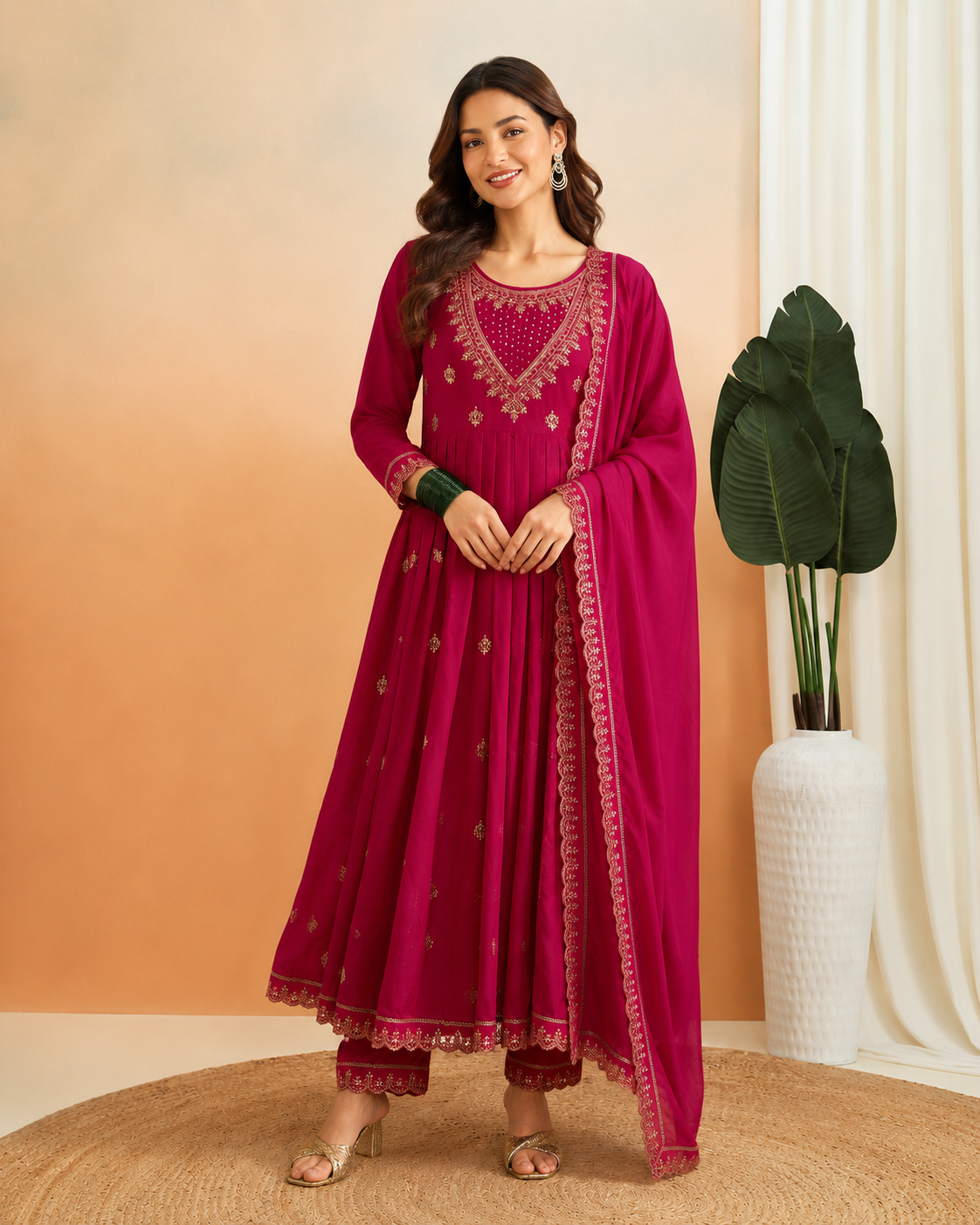 Rani Pink Festive Embroidered Anarkali Kurta Set with Dupatta
