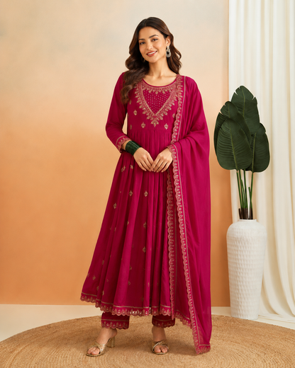 Rani Pink Festive Embroidered Anarkali Kurta Set with Dupatta