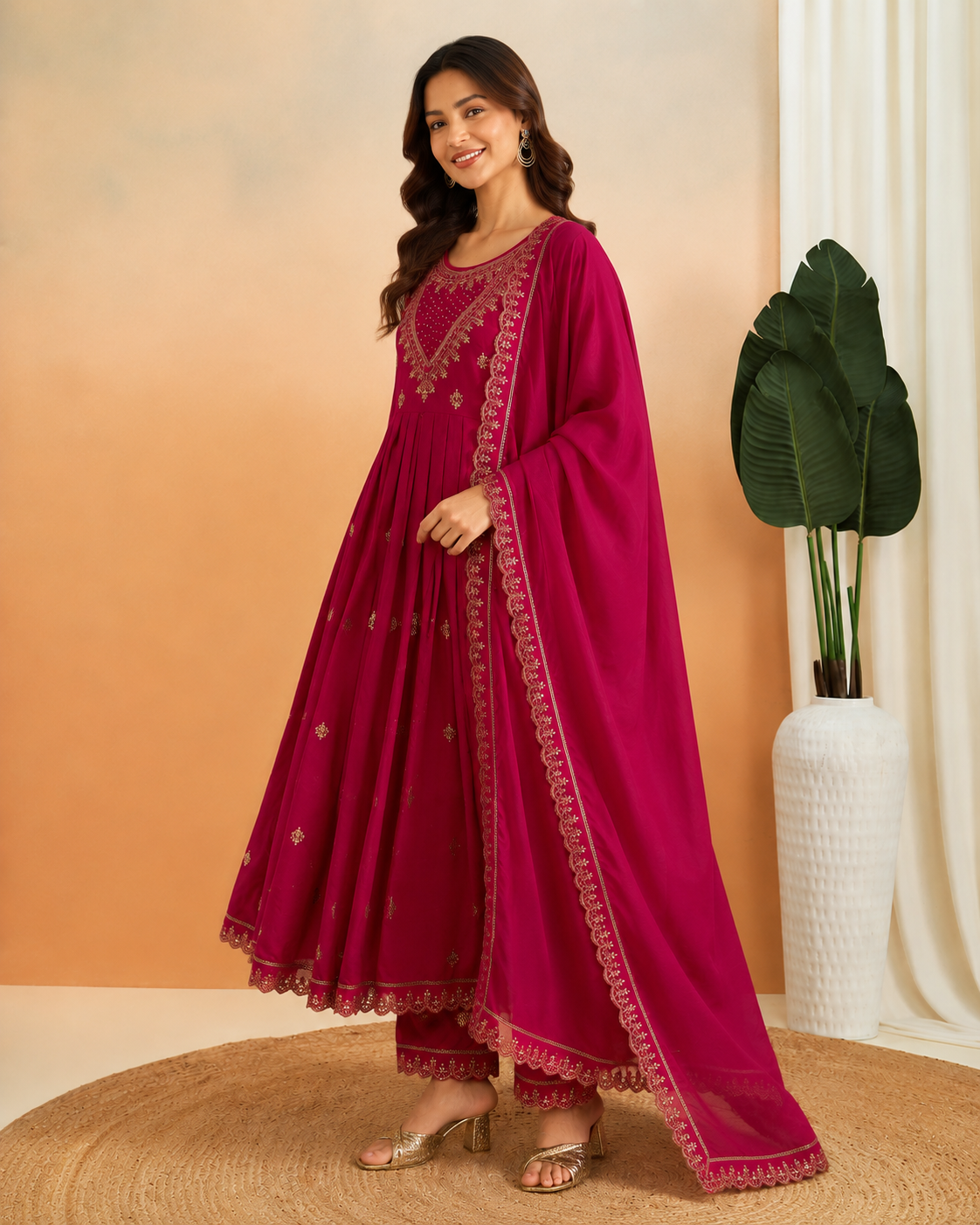Rani Pink Festive Embroidered Anarkali Kurta Set with Dupatta