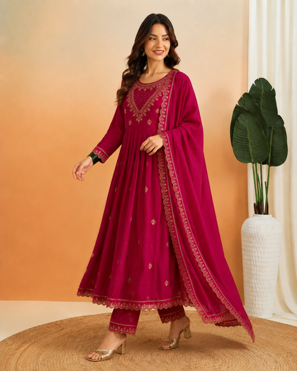 Rani Pink Festive Embroidered Anarkali Kurta Set with Dupatta