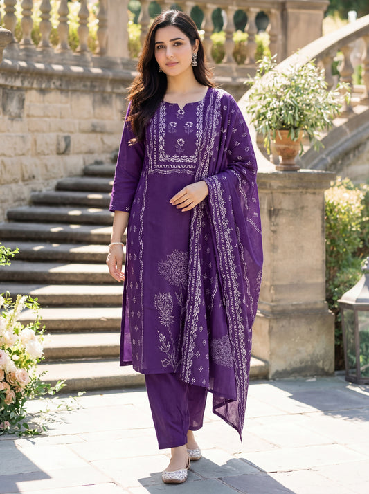 Royal Violet Ethnic Block Printed Cotton Kurta & Trouser Suit Set