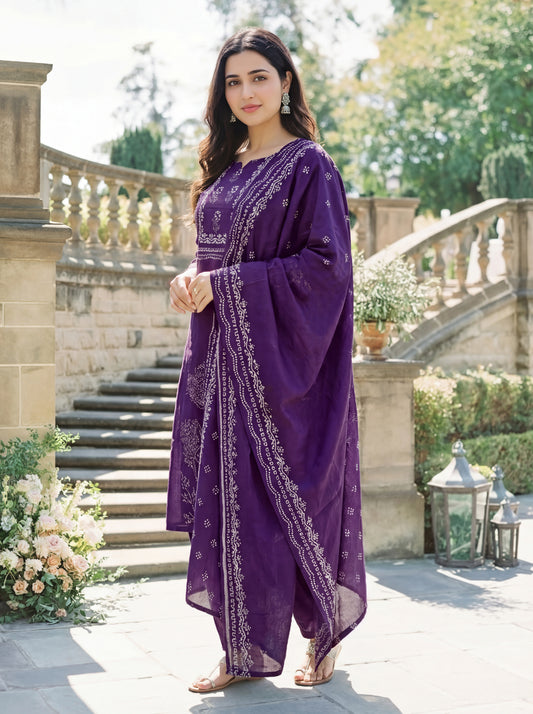 Royal Violet Ethnic Block Printed Cotton Kurta & Trouser Suit Set