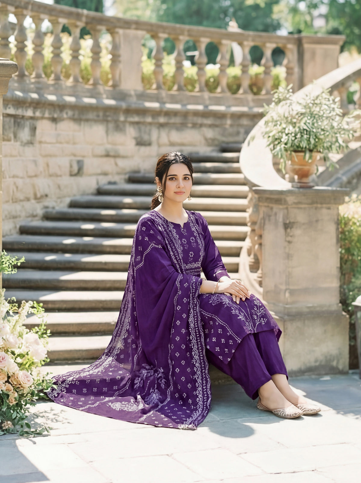 Royal Violet Ethnic Block Printed Cotton Kurta & Trouser Suit Set