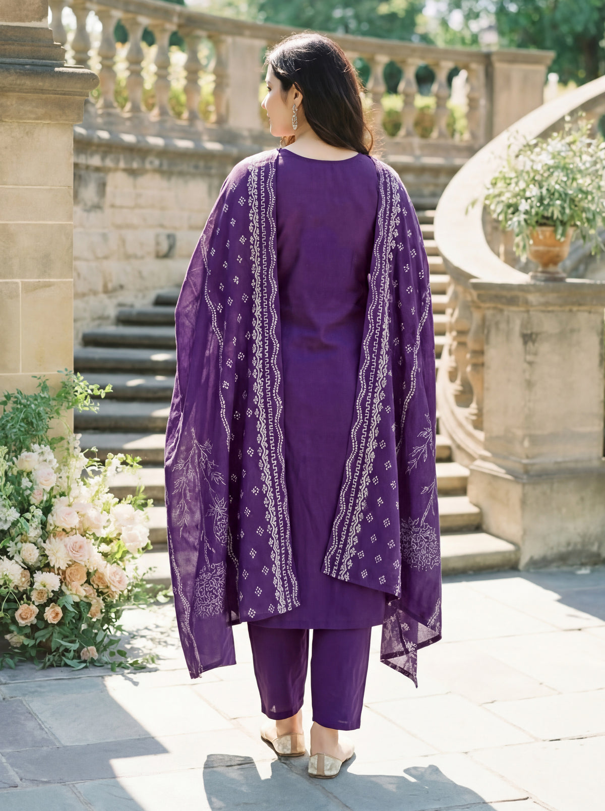 Royal Violet Ethnic Block Printed Cotton Kurta & Trouser Suit Set