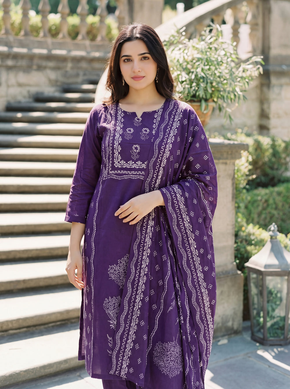 Royal Violet Ethnic Block Printed Cotton Kurta & Trouser Suit Set