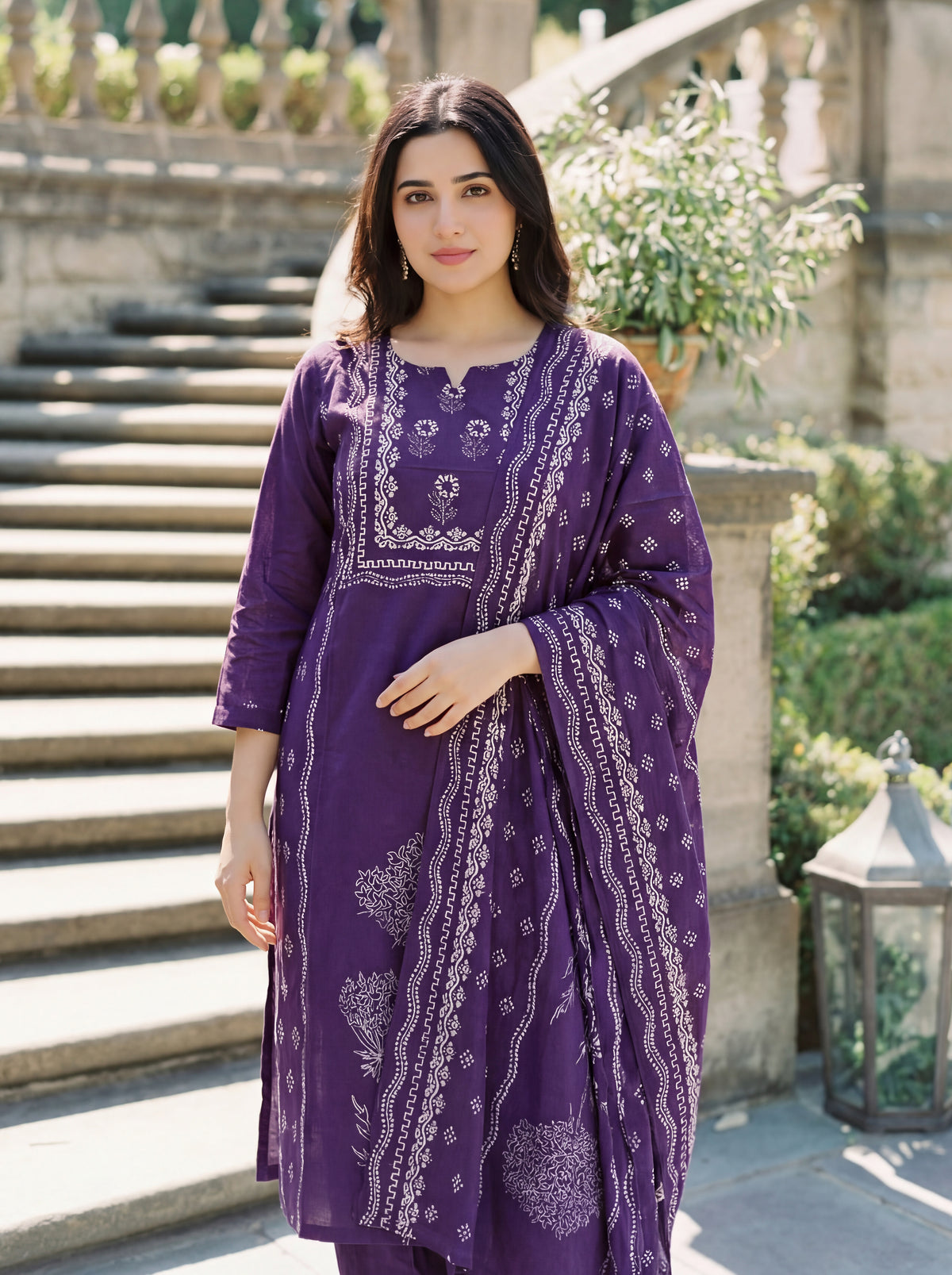 Royal Violet Ethnic Block Printed Cotton Kurta & Trouser Suit Set