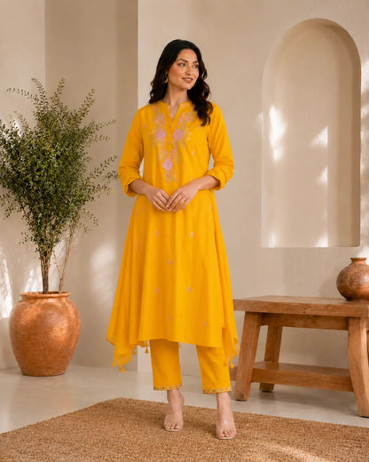 Mustard Yellow Festive Embroidered Kurta Pant Set