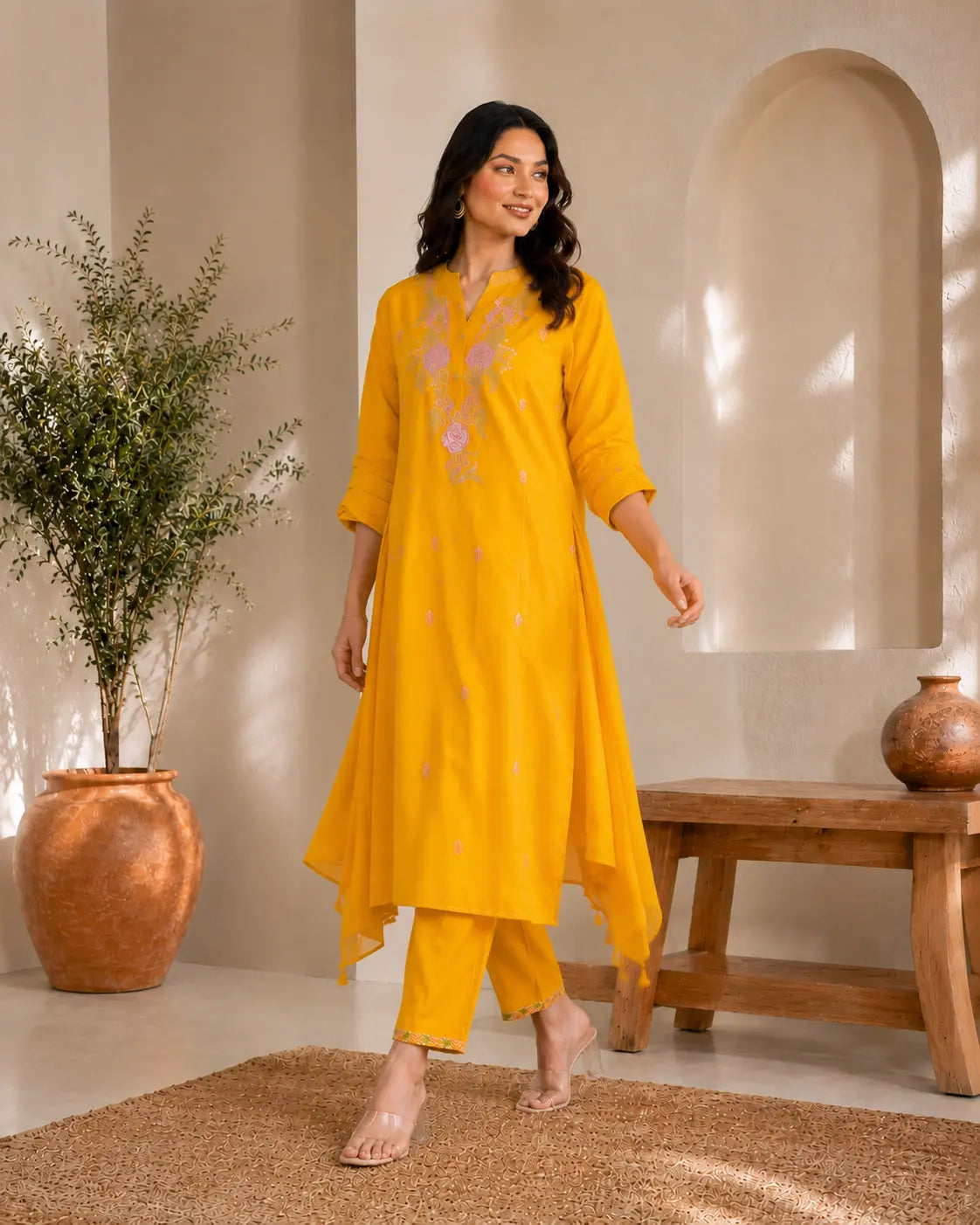 Mustard Yellow Festive Embroidered Kurta Pant Set