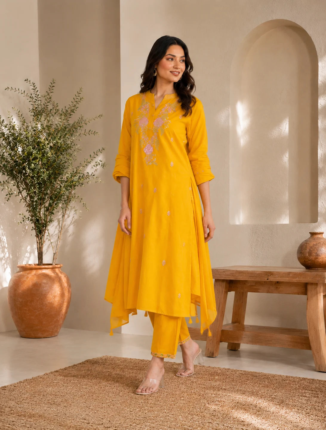 Mustard Yellow Festive Embroidered Kurta Pant Set