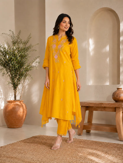 Mustard Yellow Festive Embroidered Kurta Pant Set