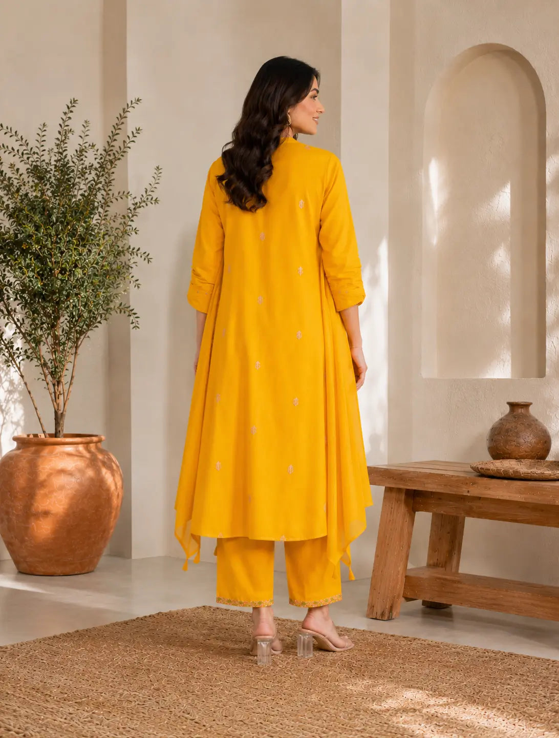 Mustard Yellow Festive Embroidered Kurta Pant Set