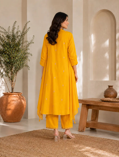 Mustard Yellow Festive Embroidered Kurta Pant Set