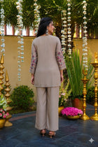 Beige Floral Printed & Sequin Embroidered Short Kurti with Straight Trousers