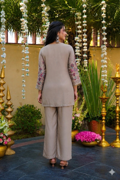 Beige Floral Printed & Sequin Embroidered Short Kurti with Straight Trousers