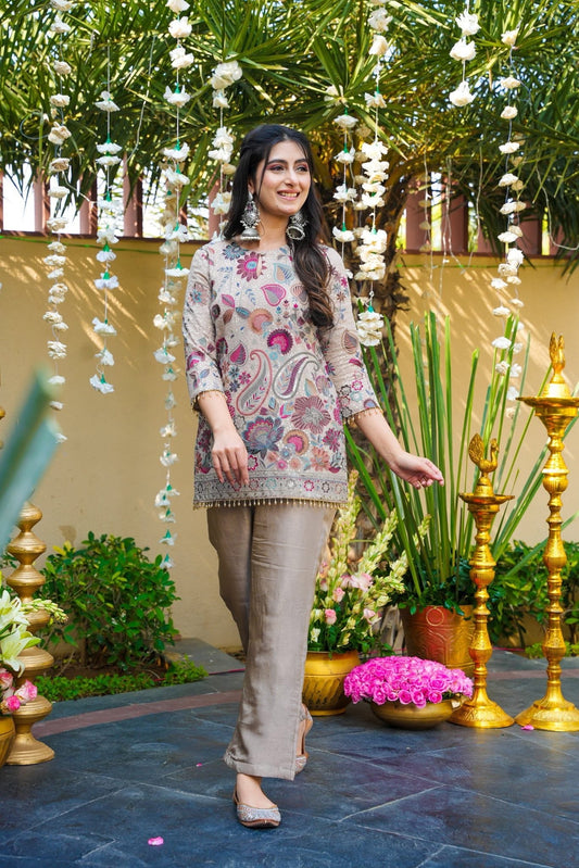 Beige Floral Printed & Sequin Embroidered Short Kurti with Straight Trousers
