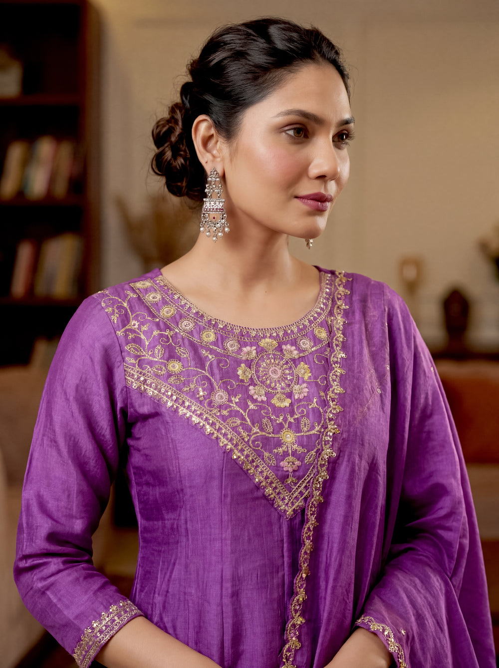 Mustard Gold Hand-Embroidered Chanderi Silk A-Line Kurta Set with Scallop-Border Dupatta