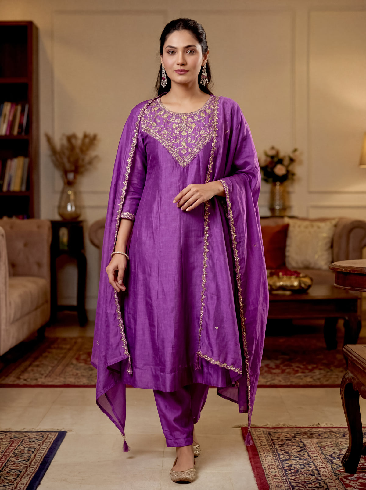 Mustard Gold Hand-Embroidered Chanderi Silk A-Line Kurta Set with Scallop-Border Dupatta