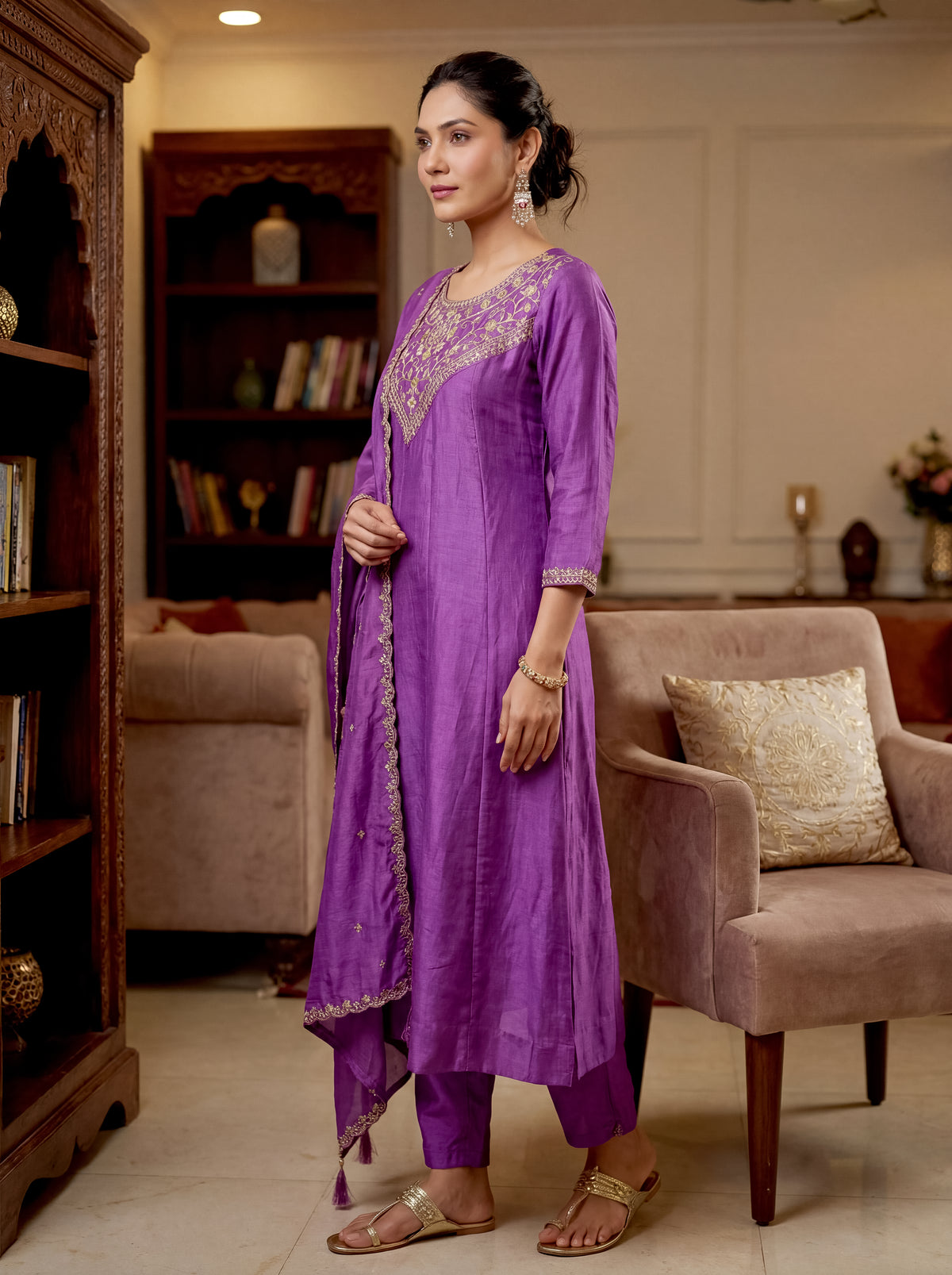 Mustard Gold Hand-Embroidered Chanderi Silk A-Line Kurta Set with Scallop-Border Dupatta