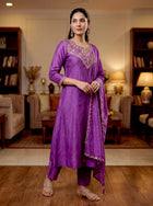 Mustard Gold Hand-Embroidered Chanderi Silk A-Line Kurta Set with Scallop-Border Dupatta