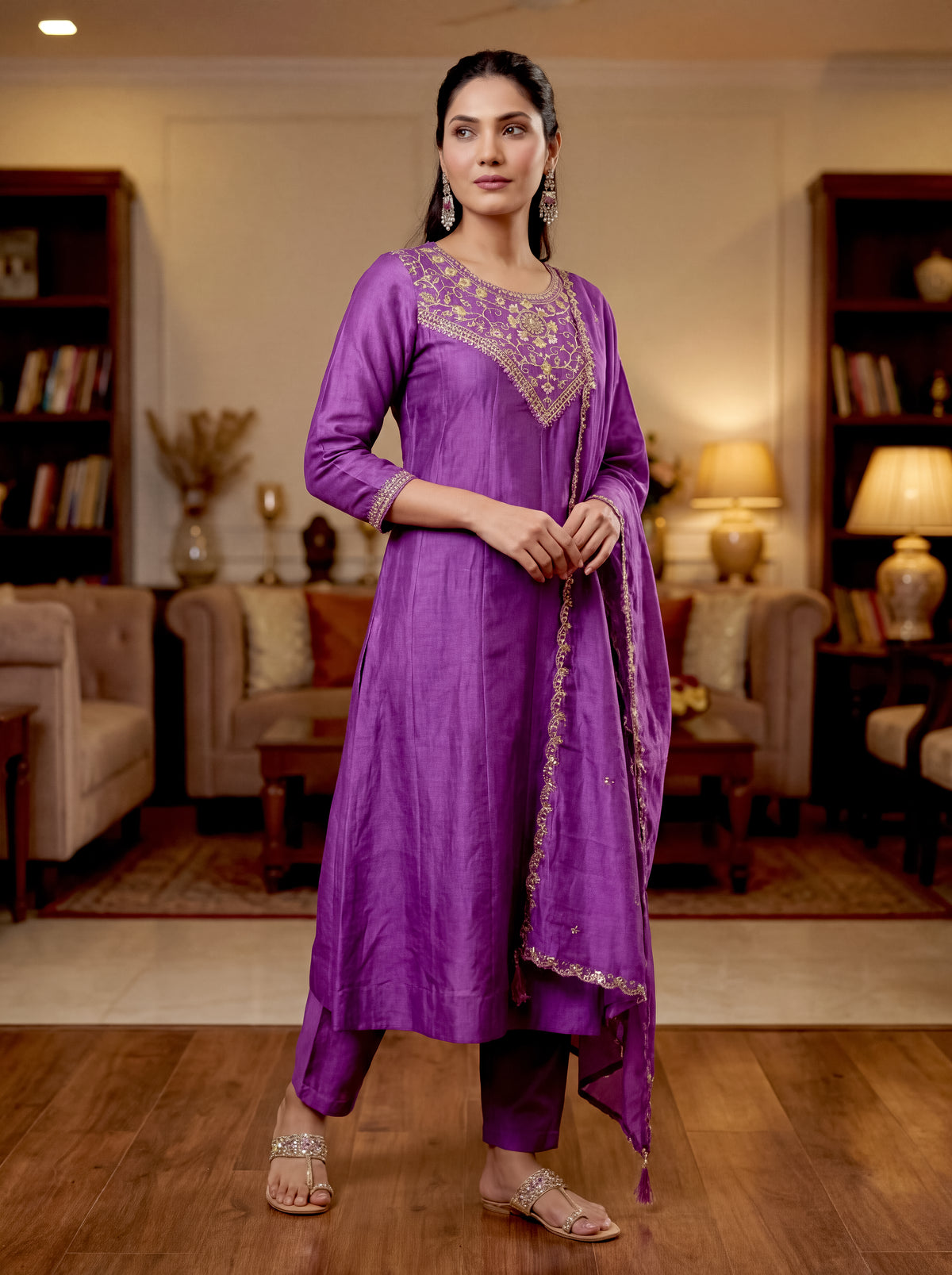 Mustard Gold Hand-Embroidered Chanderi Silk A-Line Kurta Set with Scallop-Border Dupatta