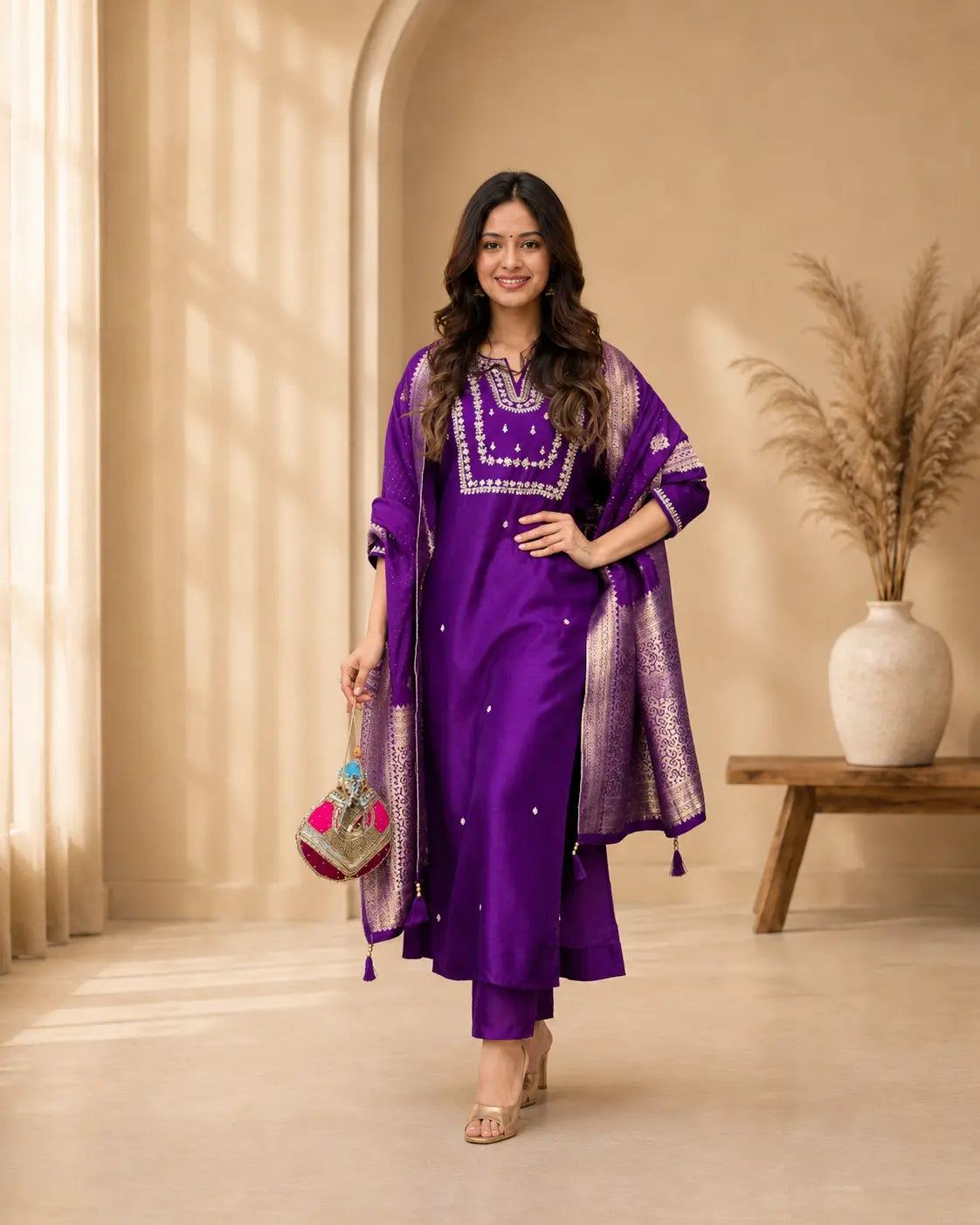 Royal Purple Embroidered Kurta Pant Set with Zari Dupatta