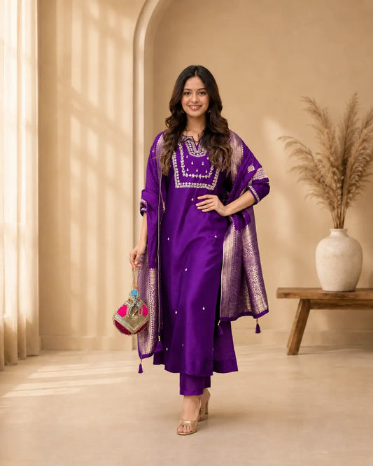 Royal Purple Embroidered Kurta Pant Set with Zari Dupatta