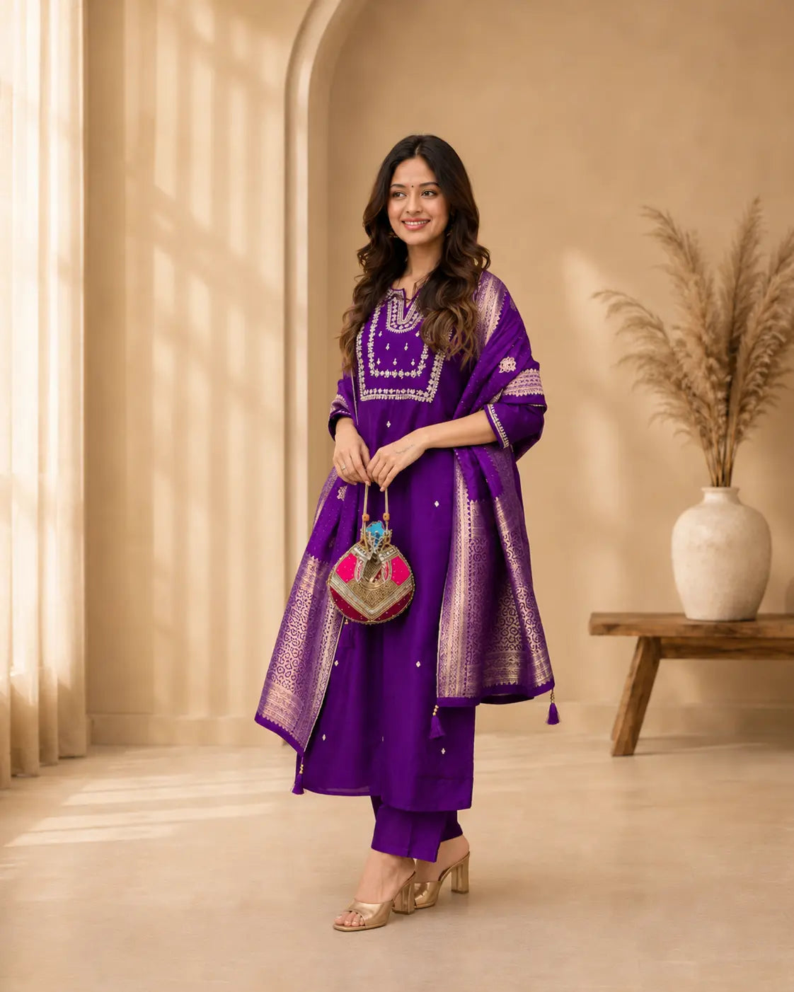 Royal Purple Embroidered Kurta Pant Set with Zari Dupatta
