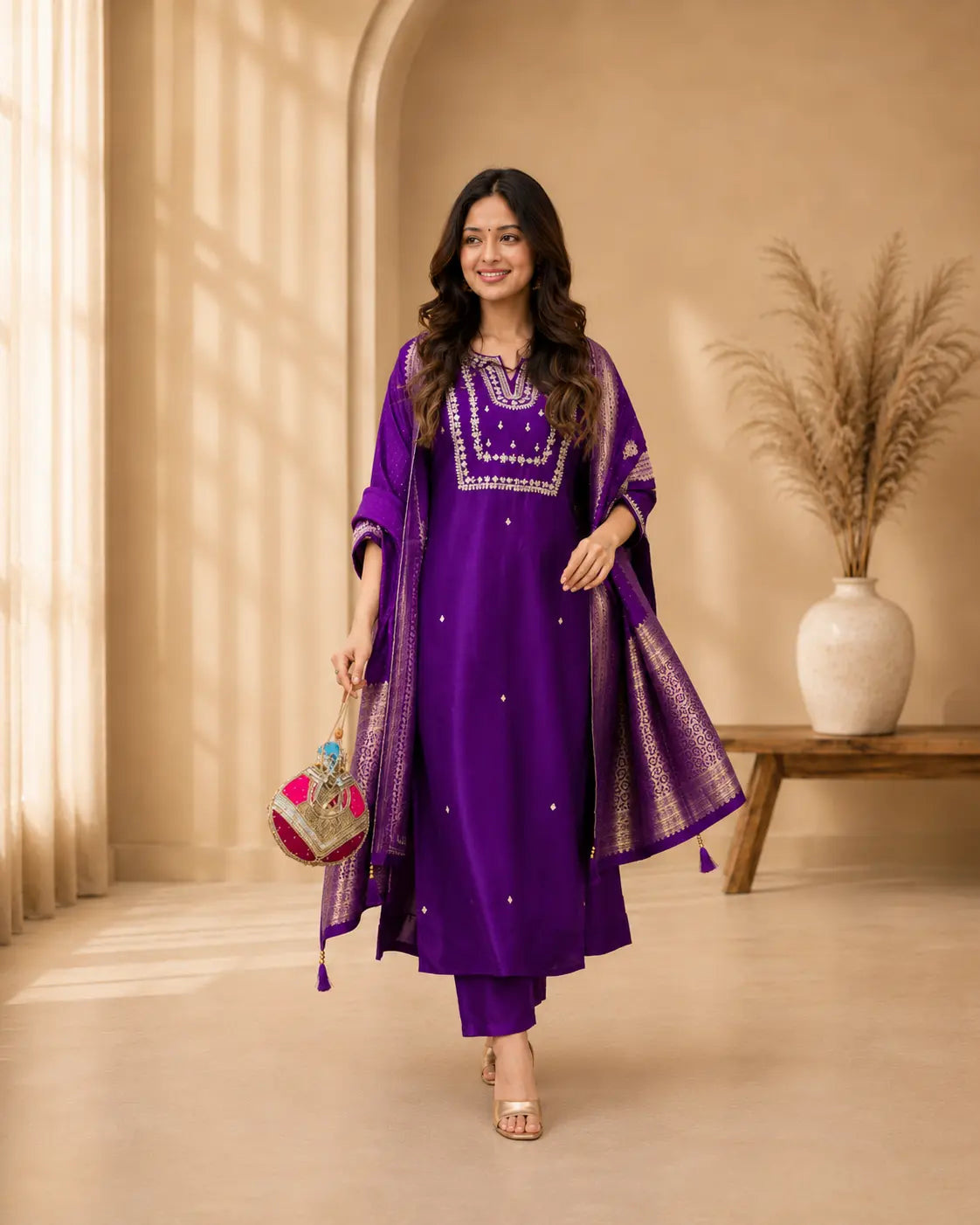 Royal Purple Embroidered Kurta Pant Set with Zari Dupatta
