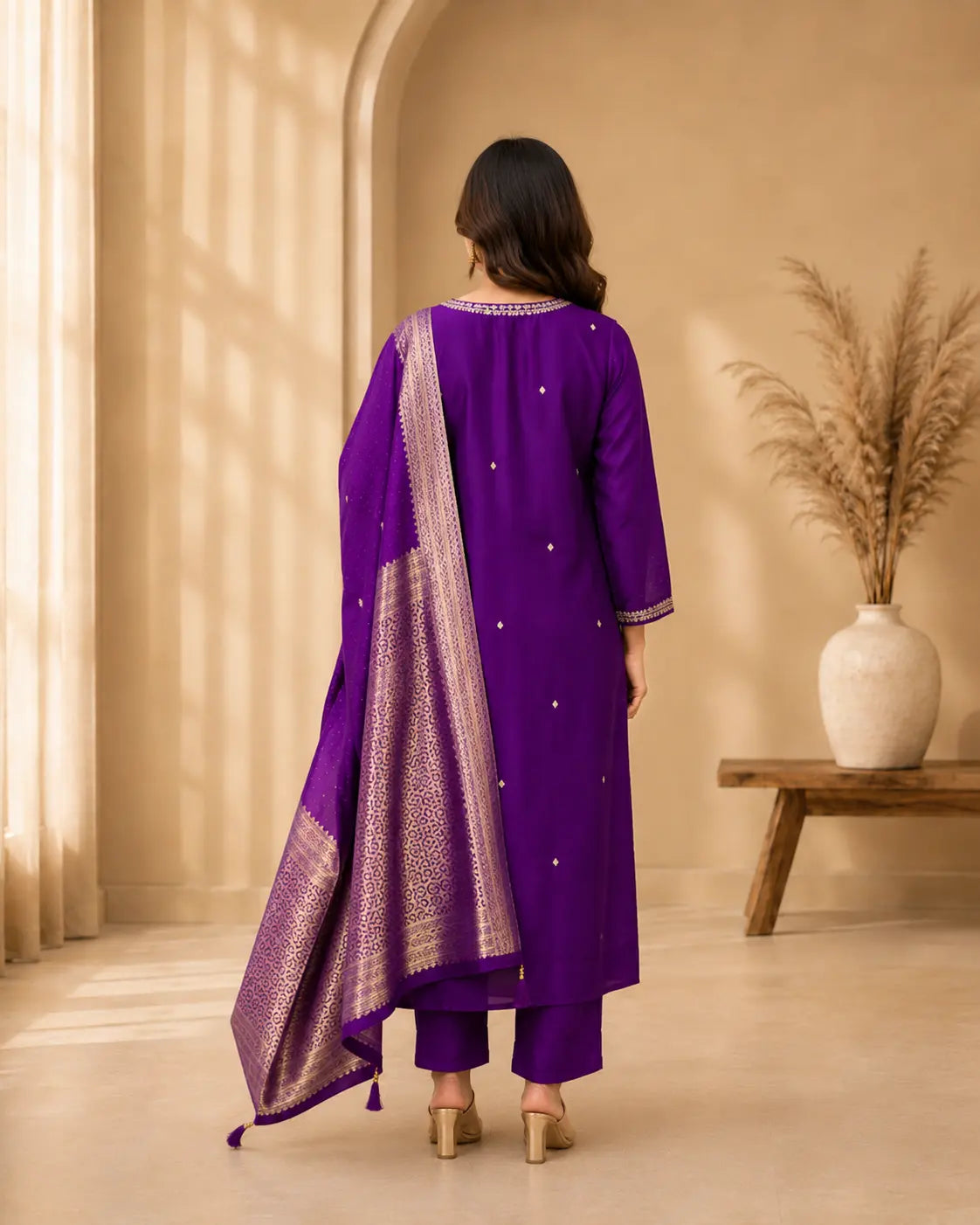 Royal Purple Embroidered Kurta Pant Set with Zari Dupatta