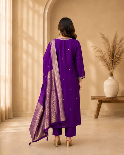 Royal Purple Embroidered Kurta Pant Set with Zari Dupatta