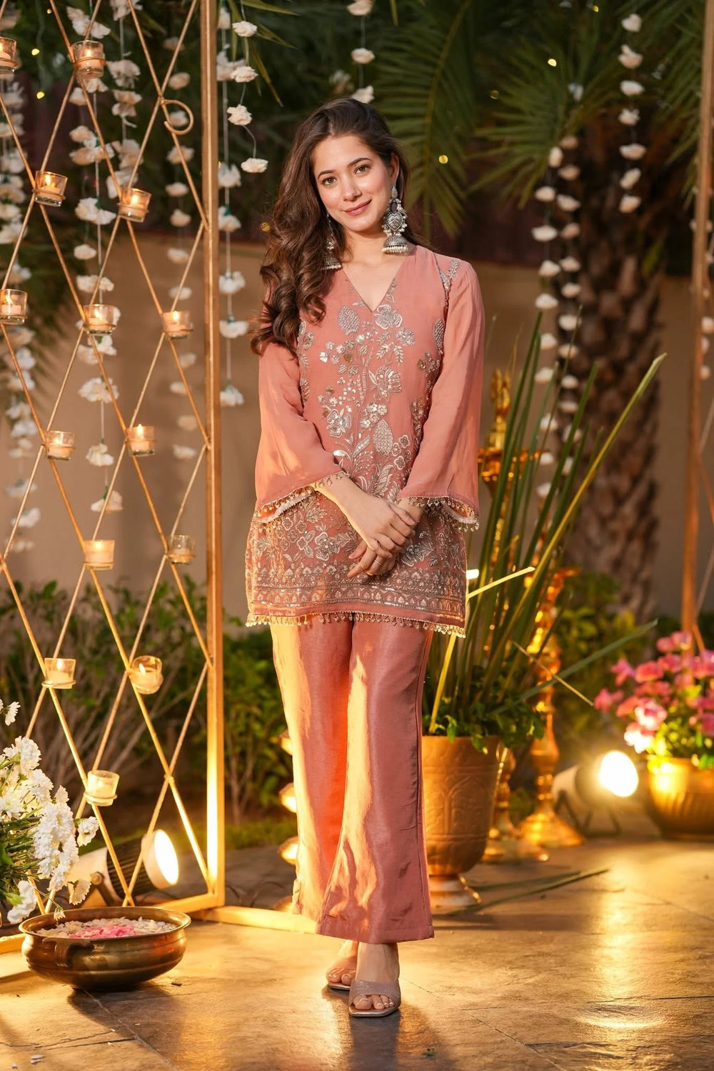 Blush Peach Silver Zari & Sequin Embroidered Kurti Co-Ord Set