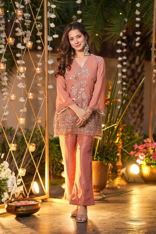 Blush Peach Silver Zari & Sequin Embroidered Kurti Co-Ord Set