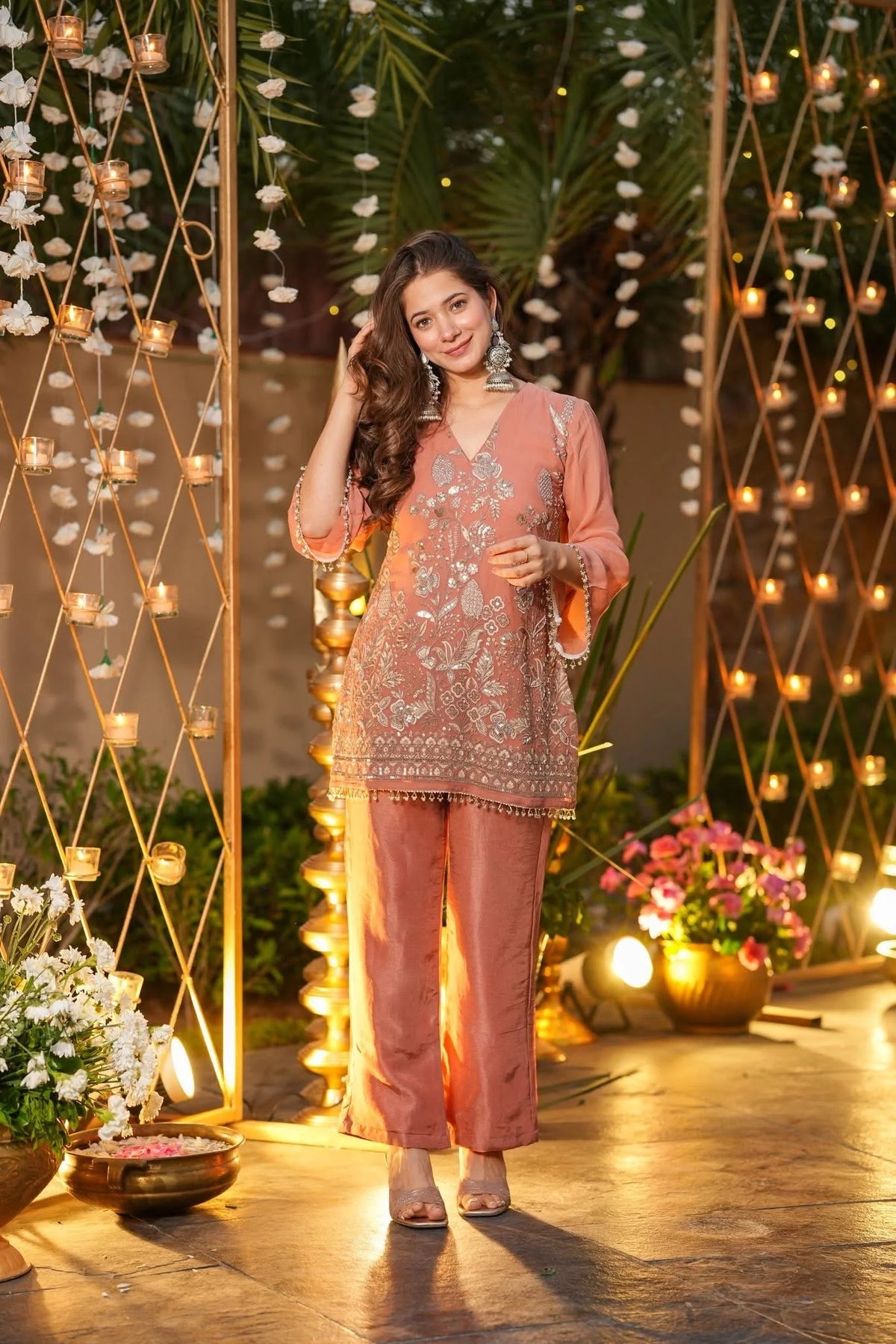Blush Peach Silver Zari & Sequin Embroidered Kurti Co-Ord Set