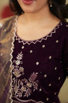 Royal Plum Velvet Embroidered Anarkali Suit with Shimmer Dupatta