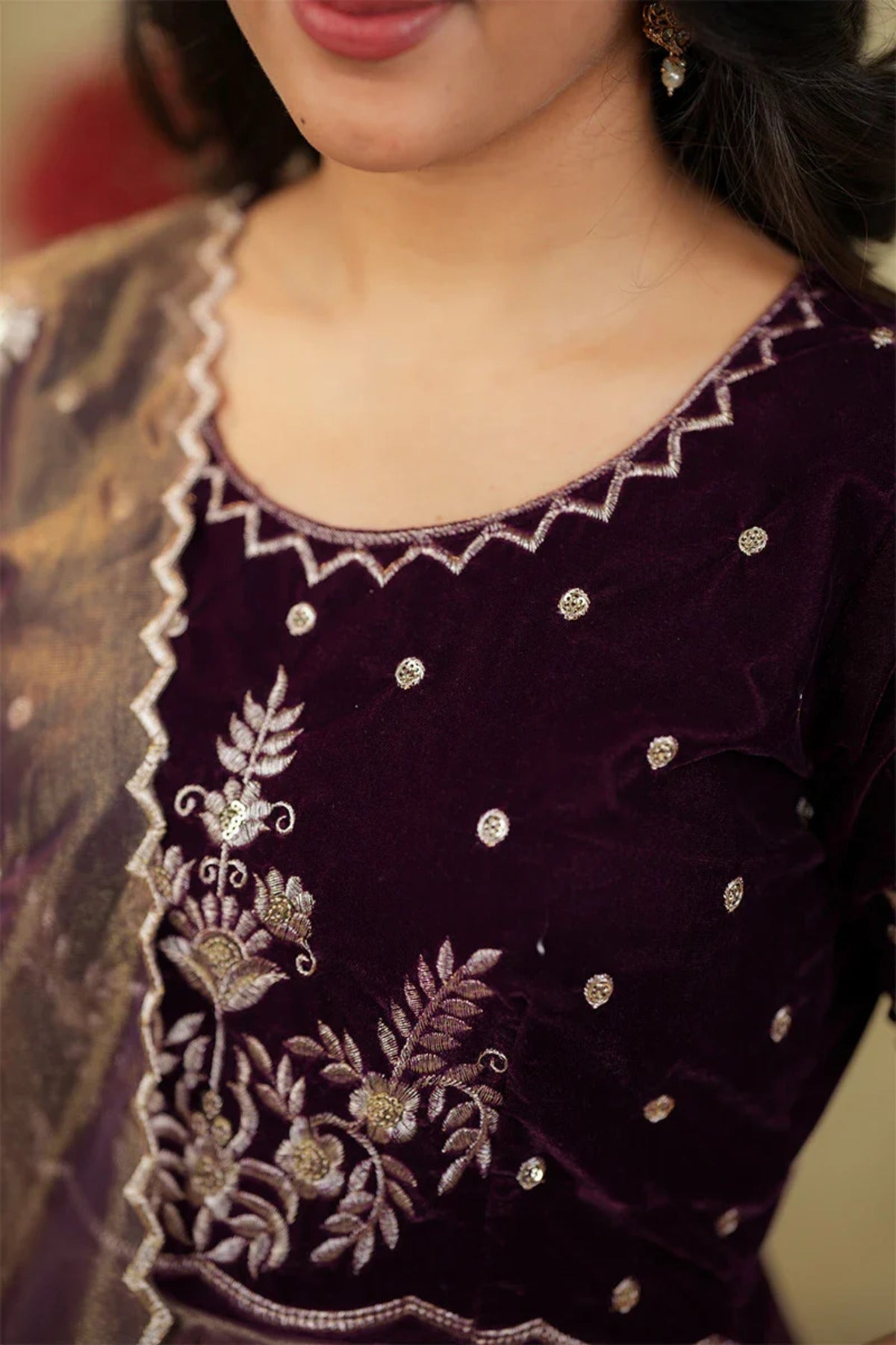 Royal Plum Velvet Embroidered Anarkali Suit with Shimmer Dupatta