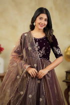 Royal Plum Velvet Embroidered Anarkali Suit with Shimmer Dupatta