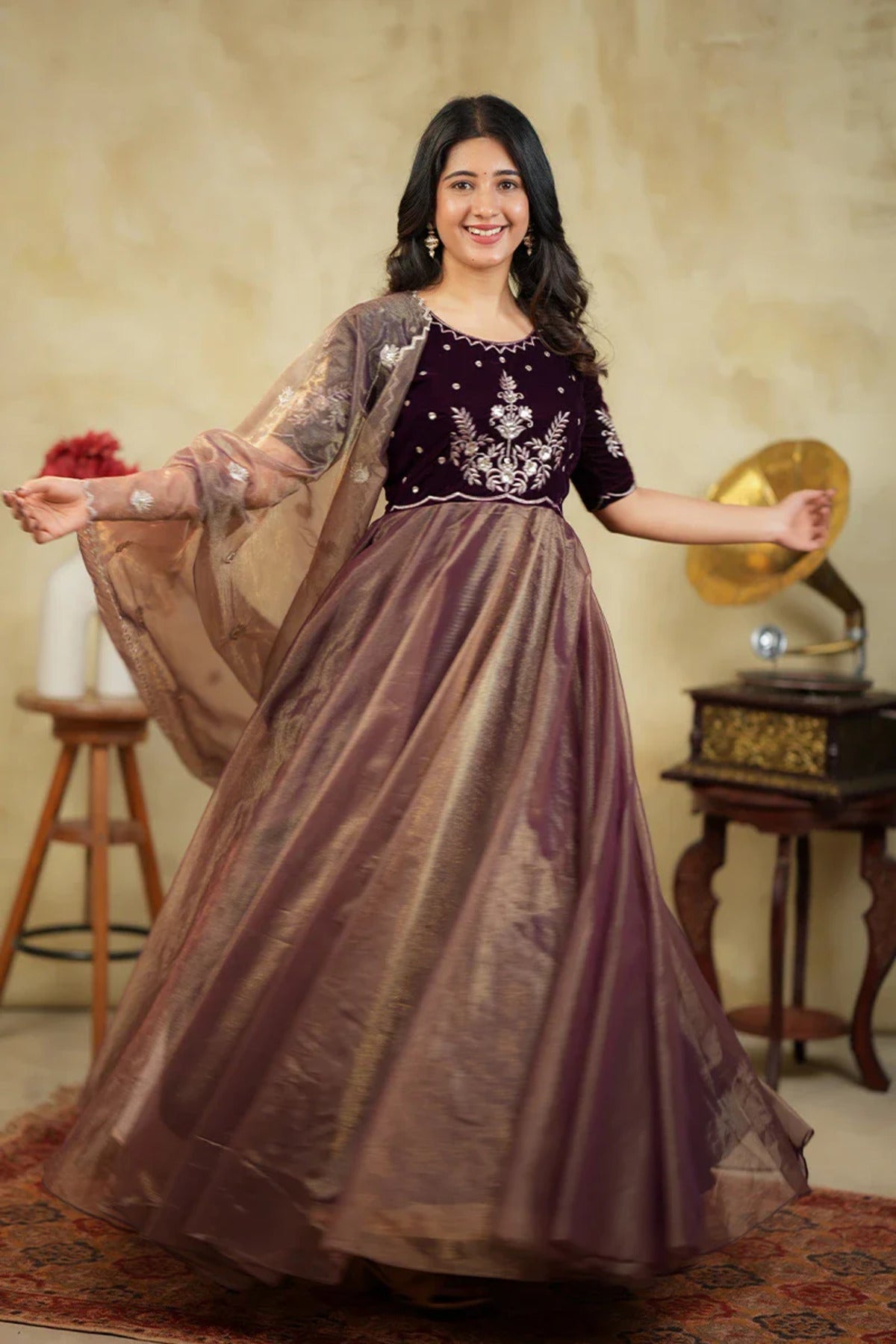 Royal Plum Velvet Embroidered Anarkali Suit with Shimmer Dupatta