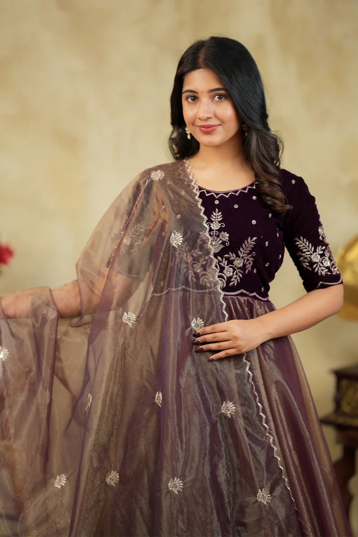 Royal Plum Velvet Embroidered Anarkali Suit with Shimmer Dupatta